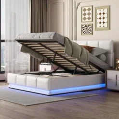 Lit LED Coffre 140 X 200 Cm - Lit Capitonné Relevable Hydraulique Avec Sommier à Lattes, Tête De Lit, Simili Cuir - Blanc - LBF