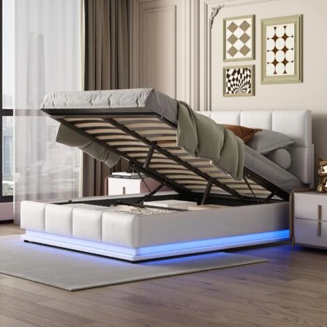 Lit LED Coffre 140 X 200 Cm - Lit Capitonné Relevable Hydraulique Avec Sommier à Lattes, Tête De Lit, Simili Cuir - Blanc - LBF