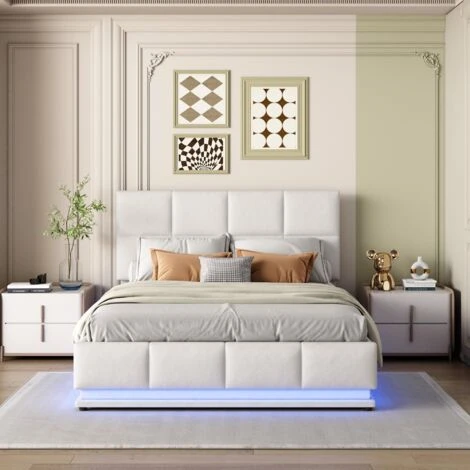 Lit LED Coffre 140 X 200 Cm - Lit Capitonné Relevable Hydraulique Avec Sommier à Lattes, Tête De Lit, Simili Cuir - Blanc - LBF – Image 2