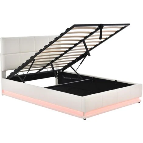 Lit LED Coffre 140 X 200 Cm - Lit Capitonné Relevable Hydraulique Avec Sommier à Lattes, Tête De Lit, Simili Cuir - Blanc - LBF – Image 3