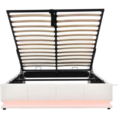 Lit LED Coffre 140 X 200 Cm - Lit Capitonné Relevable Hydraulique Avec Sommier à Lattes, Tête De Lit, Simili Cuir - Blanc - LBF – Image 4