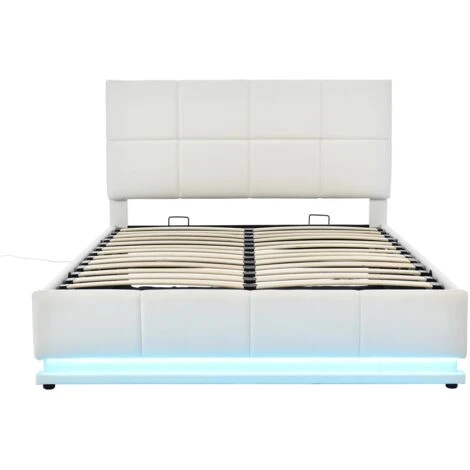 Lit LED Coffre 140 X 200 Cm - Lit Capitonné Relevable Hydraulique Avec Sommier à Lattes, Tête De Lit, Simili Cuir - Blanc - LBF – Image 5