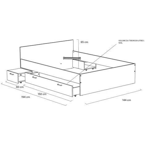 Lit TWIST 140x190 + 2 Chevets + 1 Tiroir / Blanc/ 194x144x65 Cm – Image 3