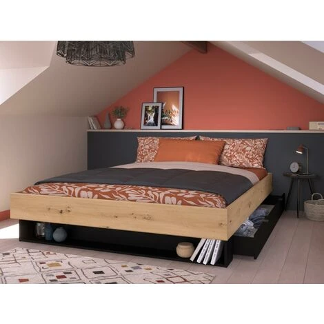 Lit Avec Tiroir Et Niche 160 X 200 Cm - Coloris : Naturel Et Noir - MISTA – Image 2