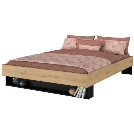 Lit Avec Tiroir Et Niche 160 X 200 Cm - Coloris : Naturel Et Noir - MISTA – Image 3