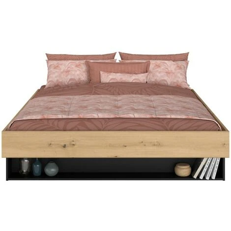 Lit Avec Tiroir Et Niche 160 X 200 Cm - Coloris : Naturel Et Noir - MISTA – Image 4