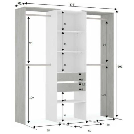 Aménagement Dressing Blanc/Béton Clair - KIYIN - L 179 X L 50 X H 202 Cm – Image 3