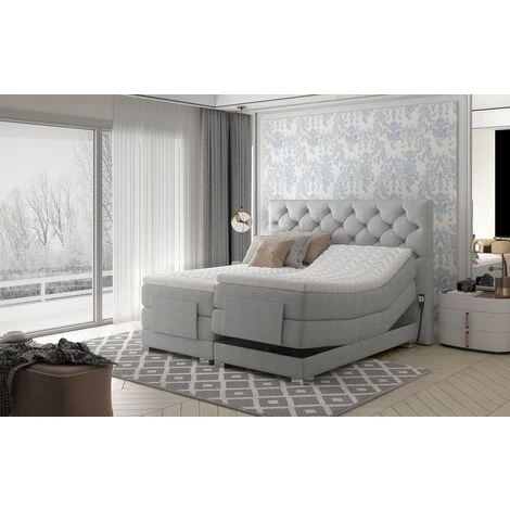 Lit Continental électrique Tissu Gris Clair Avec Matelas Et Surmatelas Karmen - Couchage 90x200 Cm – Image 3