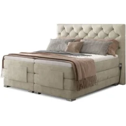 Lit Continental électrique Tissu Beige Clair Avec Matelas Et Surmatelas Karmen - Couchage 90x200 Cm