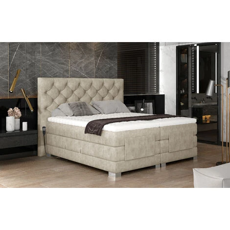 Lit Continental électrique Tissu Beige Clair Avec Matelas Et Surmatelas Karmen - Couchage 90x200 Cm – Image 2