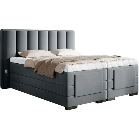 Lit Boxspring électrique Velours Gris Avec Matelas Et Surmatelas Arkos - Couchage 90x200 Cm
