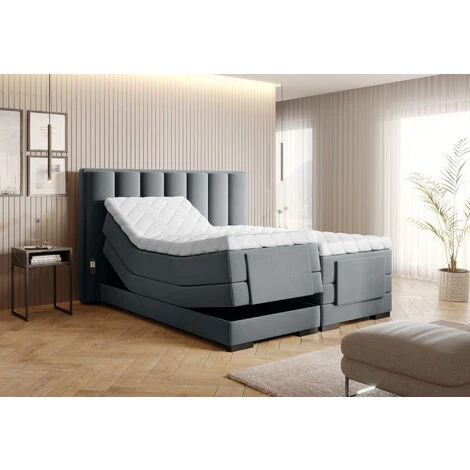 Lit Boxspring électrique Velours Gris Avec Matelas Et Surmatelas Arkos - Couchage 90x200 Cm – Image 2