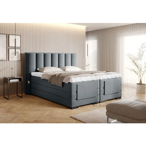 Lit Boxspring électrique Velours Gris Avec Matelas Et Surmatelas Arkos - Couchage 90x200 Cm – Image 3