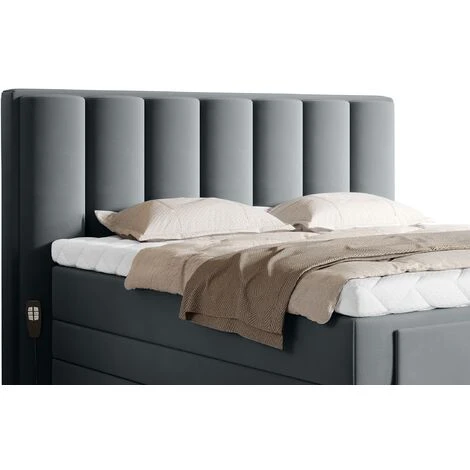 Lit Boxspring électrique Velours Gris Avec Matelas Et Surmatelas Arkos - Couchage 90x200 Cm – Image 4