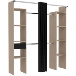 Dressing Bois Avec Rideau Noir : 2 Penderies, 6 étagères Et Un Tiroir ELYSEE