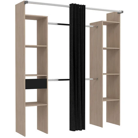 Dressing Bois Avec Rideau Noir : 2 Penderies, 6 étagères Et Un Tiroir ELYSEE