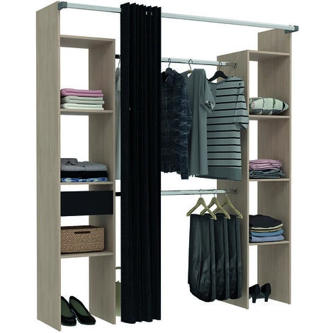 Dressing Bois Avec Rideau Noir : 2 Penderies, 6 étagères Et Un Tiroir ELYSEE – Image 2