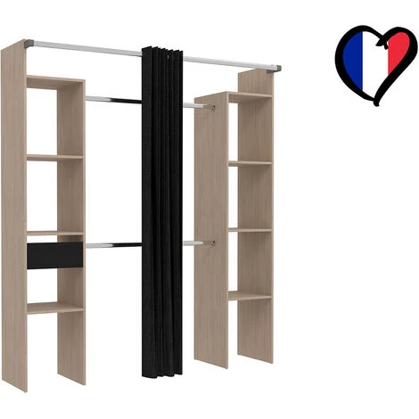 Dressing Bois Avec Rideau Noir : 2 Penderies, 6 étagères Et Un Tiroir ELYSEE – Image 3