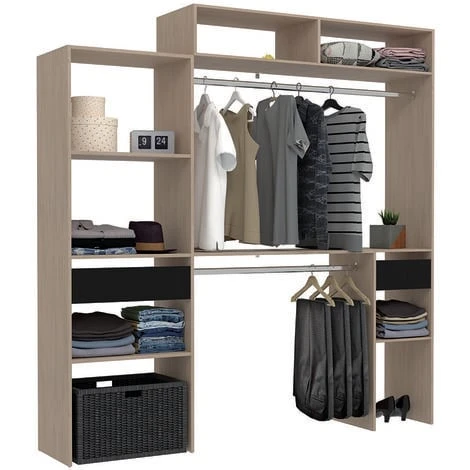 Dressing Bois Extensible Avec 2 Penderies, 4 étagères Et Un Tiroir ELYSEE – Image 2