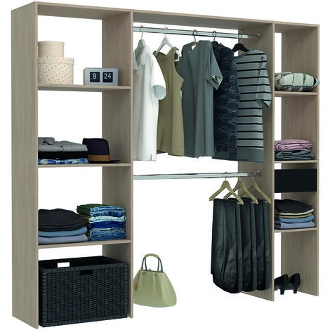 Dressing Bois Avec 6 étagères, 1 Tiroir Et 2 Penderies : 198 X 40 X 180 Cm ELYSEE – Image 2