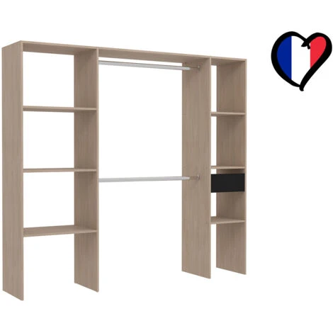 Dressing Bois Avec 6 étagères, 1 Tiroir Et 2 Penderies : 198 X 40 X 180 Cm ELYSEE – Image 3