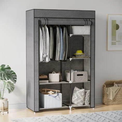 HOMCOM Armoire Penderie Multi-rangement - 6 étagères, 1 Barre - Dim. 103L X 43l X 162,5H Cm - Acier Noir Non Tissé Gris – Image 2