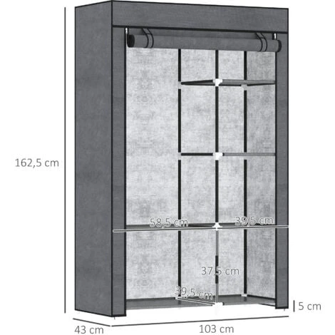 HOMCOM Armoire Penderie Multi-rangement - 6 étagères, 1 Barre - Dim. 103L X 43l X 162,5H Cm - Acier Noir Non Tissé Gris – Image 3