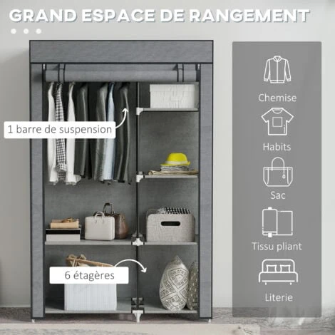 HOMCOM Armoire Penderie Multi-rangement - 6 étagères, 1 Barre - Dim. 103L X 43l X 162,5H Cm - Acier Noir Non Tissé Gris – Image 5
