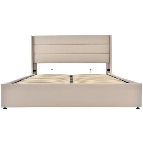 Lit Coffre Double 160 X 200 Cm - Avec Structure Métal, Sommier à Lattes, Lit Capitonné Adulte En Lin - Beige – Image 3