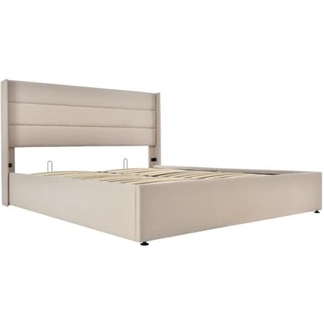 Lit Coffre Double 160 X 200 Cm - Avec Structure Métal, Sommier à Lattes, Lit Capitonné Adulte En Lin - Beige – Image 4