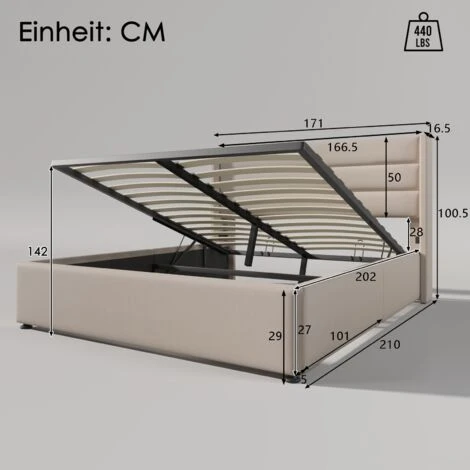 Lit Coffre Double 160 X 200 Cm - Avec Structure Métal, Sommier à Lattes, Lit Capitonné Adulte En Lin - Beige – Image 5