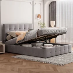 Lit Coffre Double 140 X 200 Cm Avec Sommier à Lattes, Tissu Velours, Lit Capitonné Adulte, Gris