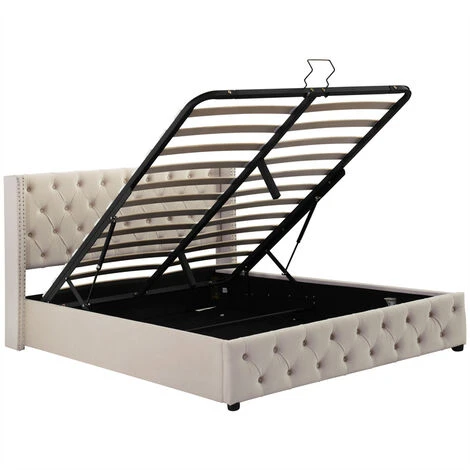 Lit Coffre Adulte 140 X 200cm - Lit Double En Velours Avec Sommier à Lattes En Métal Et Tête De Lit Réglable En Hauteur - Gris – Image 3