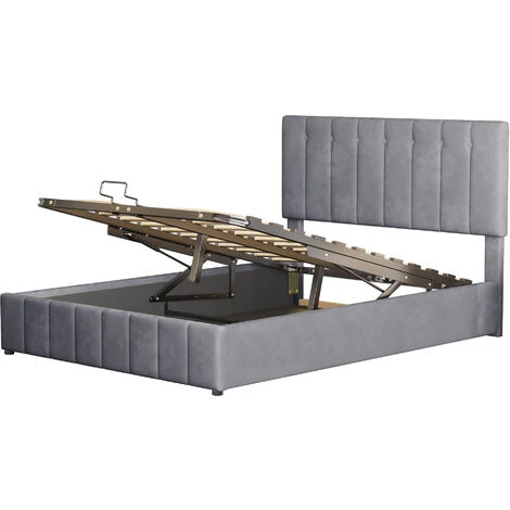 Lit Coffre Adulte 140 X 200cm - Lit Double En Velours Avec Sommier à Lattes En Métal Et Tête De Lit Réglable En Hauteur - Gris – Image 4
