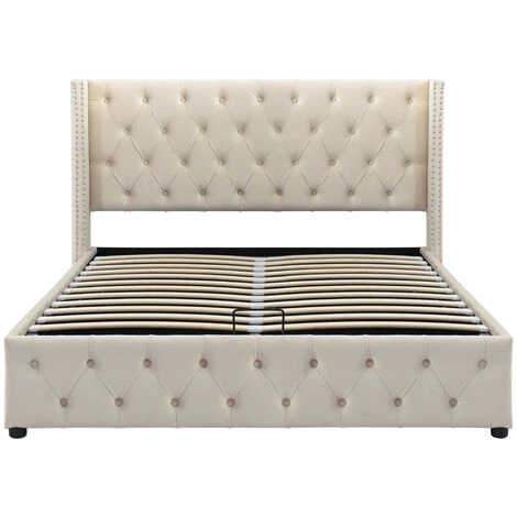 Lit Coffre Adulte 140 X 200cm - Lit Double En Velours Avec Sommier à Lattes En Métal Et Tête De Lit Réglable En Hauteur - Gris – Image 5