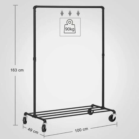 Songmics Portant à Vêtements à Roulettes, Porte-manteaux, Penderie, Charge 90 Kg, Avec Tringle Et Étagère De Rangement, Style Industriel, Pour Chambre, Buanderie, Noir HSRFR61BK – Image 5