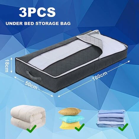 Sac De Rangement Sous Lit Lot De 3, Rangement Sous Lit Grande Non-Tisse Pliable, Sacs De Rangement Pour Couette édredons Couvertures Oreillers Jouets Vêtements (100x 50 X 15 Cm) 90L – Image 3