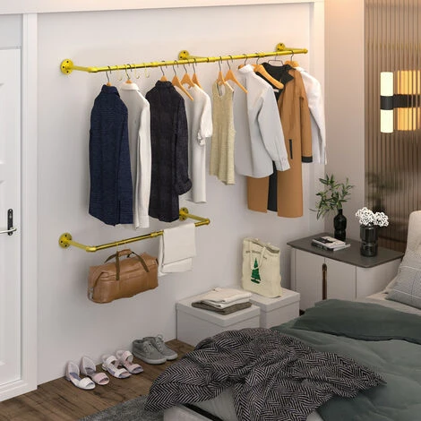 Portant à Vetement Mural Industriel Noir 180cm En Métal Porte Manteaux Tringle Rail De Suspension - Doré – Image 2