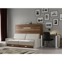 Lit Escamotable Horizontal Avec Canapé Tissu Vetal 140x190 Cm - Canapé Bleu Canard - Structure Et Façade Glacial 3D