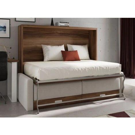 Lit Escamotable Horizontal Avec Canapé Tissu Vetal 140x190 Cm - Canapé Bleu Canard - Structure Et Façade Glacial 3D – Image 2