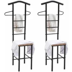 Lot De 2 Valets De Chambre JIVO Portants Pour Vêtements En Métal Laqué Noir Avec 1 Tablette En MDF Décor Chêne Sonoma