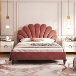 Lit Capitonné Double 140 X 200cm En Velours Beige, Tête De Lit En Forme De Pétale, Sommier à Lattes Inclus, Lit D'adolescent Adulte, Rouge