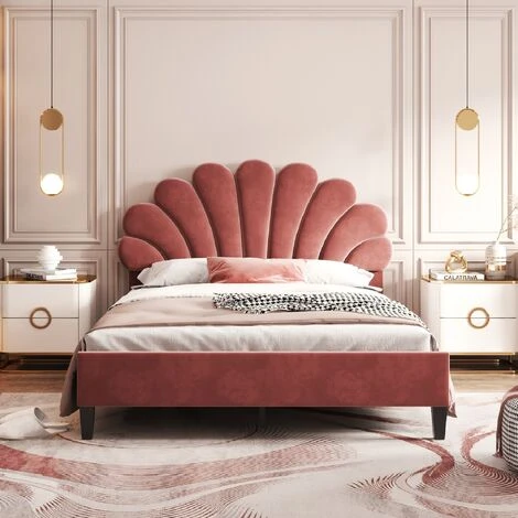 Lit Capitonné Double 140 X 200cm En Velours Beige, Tête De Lit En Forme De Pétale, Sommier à Lattes Inclus, Lit D'adolescent Adulte, Rouge