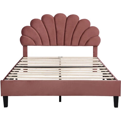 Lit Capitonné Double 140 X 200cm En Velours Beige, Tête De Lit En Forme De Pétale, Sommier à Lattes Inclus, Lit D'adolescent Adulte, Rouge – Image 4