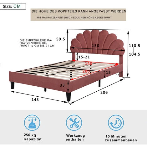 Lit Capitonné Double 140 X 200cm En Velours Beige, Tête De Lit En Forme De Pétale, Sommier à Lattes Inclus, Lit D'adolescent Adulte, Rouge – Image 5