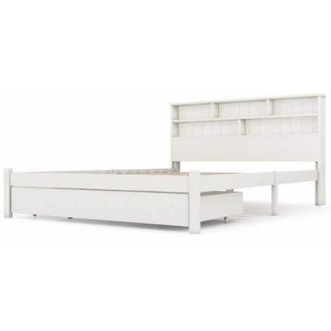 Lit Double En Bois Massif Avec Tiroirs Et Sommier à Lattes, Lit Ado Et Adulte, 140x200cm Blanc – Image 2