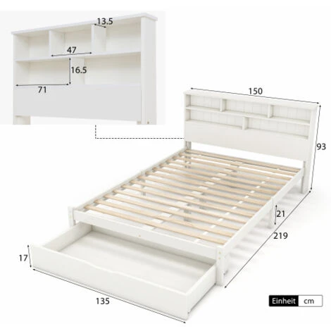 Lit Double En Bois Massif Avec Tiroirs Et Sommier à Lattes, Lit Ado Et Adulte, 140x200cm Blanc – Image 3