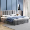 Lit Capitonné Double 160 X 200 Cm Avec 4 Tiroirr En Velours, Sommier à Lattes Inclus, Sans Matelas, Pour Adulte Ou Enfant, Gris