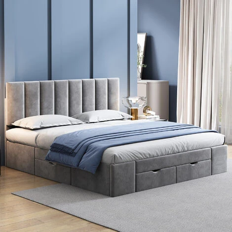 Lit Capitonné Double 160 X 200 Cm Avec 4 Tiroirr En Velours, Sommier à Lattes Inclus, Sans Matelas, Pour Adulte Ou Enfant, Gris