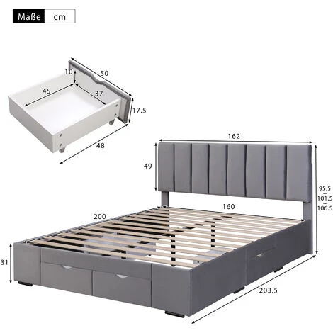 Lit Capitonné Double 160 X 200 Cm Avec 4 Tiroirr En Velours, Sommier à Lattes Inclus, Sans Matelas, Pour Adulte Ou Enfant, Gris – Image 5